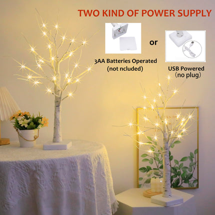 Birch Tree with LED Lights for Christmas Decor, Battery Operated/USB Powered Lighted Birch Tree, 2FT Warm White Artificial Light up Christmas Tree for Indoor Table Fireplace Decoration(Timer, 2 Pack)