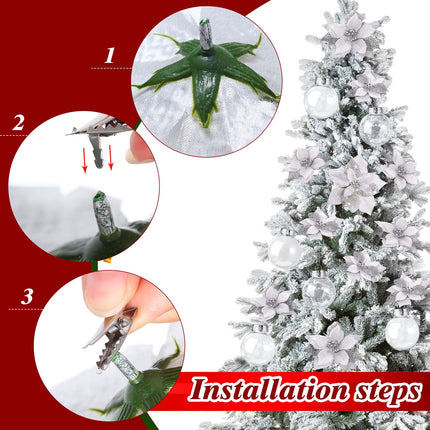 49 Pcs Silver Christmas Tree Decoration Set Christmas Tree Topper Bow 24 Pcs Christmas Glitter Artificial Poinsettia Flowers and 2.36 Inch Xmas Ball Ornaments for Xmas Party Holiday Decor