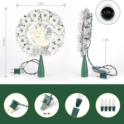 Brizled Christmas Tree Topper, 8" Lighted Angel Tree Topper with 11 Count Lights, Siver Tinsel Wreath Tree Toppers, Warm Lighted Angel Tree Topper with 10 Flowers, Plug in Treetop for Christmas Tree