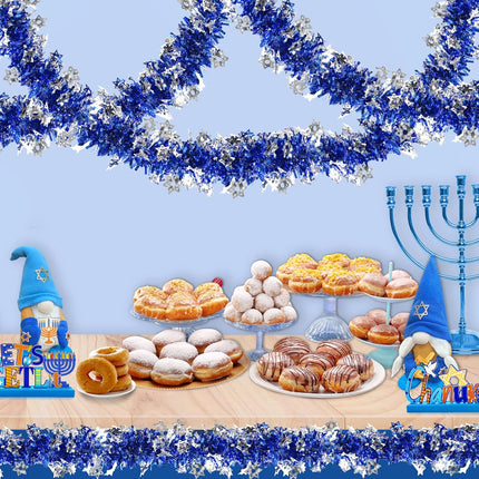 TURNMEON 33 Ft by 6 Inch Hanukkah Tinsel Garland Hanukkah Decorations with Star of David Silver Ornaments Blue Metallic Streamers Hanukkah Decoration Home Indoor Outdoor Chanukah Party Supplies