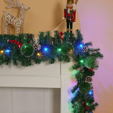 9 ft Pre-lit Lighted Christmas Garland Decoration with Timer, Battery Operated Waterproof Artificial Xmas Garlands with 50 Coloured Lights, Green Pine Branches, for Indoor/Outdoor/Fireplace Decor