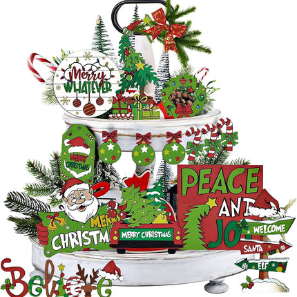 Christmas Tiered Tray Decor Set Gnomes Farmhouse Decor Winter Snow Wooden Signs Indoor Rustic Xmas Green Table Wreath Snowmobile Santa Claus Hat Tabletop for House Kitchen Party Festival