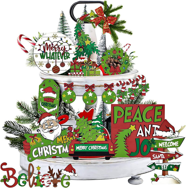 Christmas Tiered Tray Decor Set Gnomes Farmhouse Decor Winter Snow Wooden Signs Indoor Rustic Xmas Green Table Wreath Snowmobile Santa Claus Hat Tabletop for House Kitchen Party Festival
