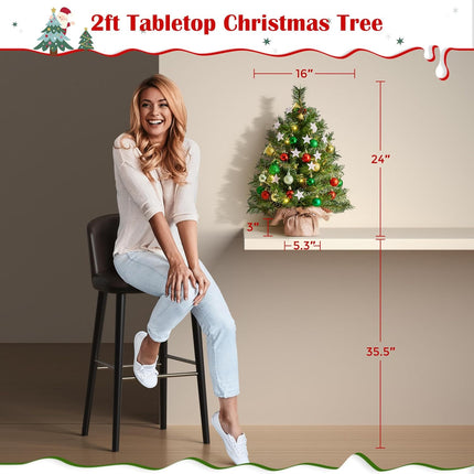Yaheetech 2Pcs Pre-lit Artificial Mini Christmas Tree, 2ft Tabletop Small Xmas Tree w/12 Pinecones, 35 Warm White LED Lights, Cement Base, Battery-Operated Christmas Tree for Home Party Decor, Green