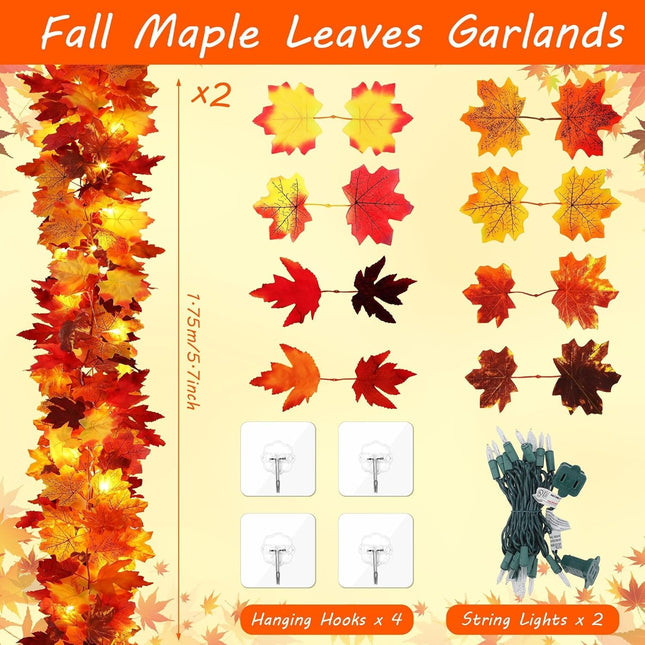 2 Packs Fall Decor Fall Maple Leaves Garland with Lights 5.8ft Connectable Lighted Fall Garland Artificial Colorful Hanging Garland for Indoor Outdoor Fireplace Autumn Thanksgiving Decorations