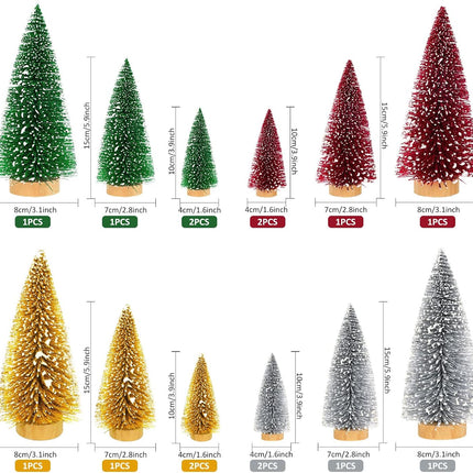 Whaline 16Pcs Artificial Mini Christmas Tree Snow Frosted Trees Red Green Gold Silver Bottle Brush Tree Desktop Mini Pine Tree with Wood Base for Christmas Home Office Tabletop Crafts, 3 Sizes