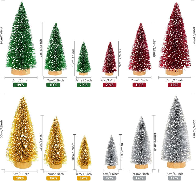 Whaline 16Pcs Artificial Mini Christmas Tree Snow Frosted Trees Red Green Gold Silver Bottle Brush Tree Desktop Mini Pine Tree with Wood Base for Christmas Home Office Tabletop Crafts, 3 Sizes