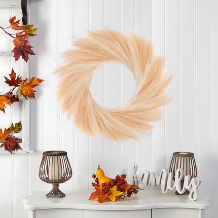 Pampas Grass Wreath, 26'' Faux Pampas Wreath for Front Door, Artificial Wreath for All Seasons, Boho Wall Decor, Farmhouse Pampas Grass Garland, DIY Fall Wreath Autumn Wreath (Beige and Brown)