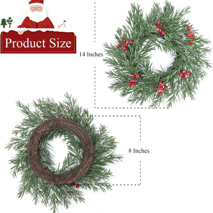 Small Christmas Wreath 2Pcs 14 Inches Farmhouse Xmas Winter Spring Decoration Window Kitchen Cabinet Green Red Berry Wreaths