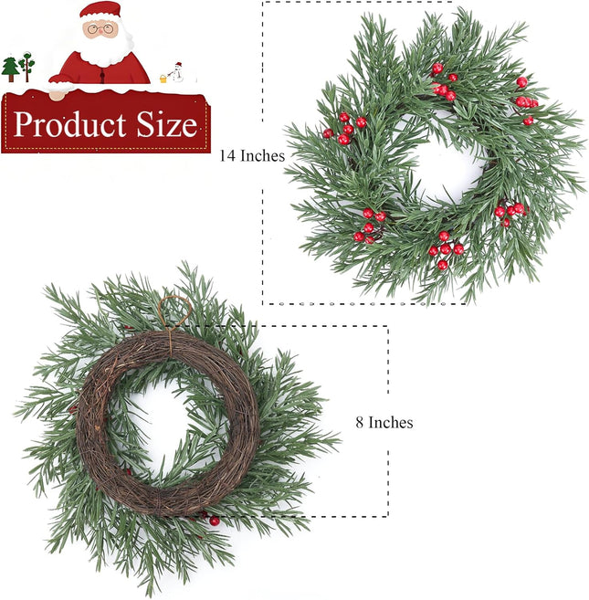 Small Christmas Wreath 2Pcs 14 Inches Farmhouse Xmas Winter Spring Decoration Window Kitchen Cabinet Green Red Berry Wreaths