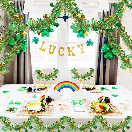 33FT St.Patrick's Day Tinsel Garland Gold Green Shamrock Hat Metallic Garland for Home Indoor Outdoor Irish Party Supplies