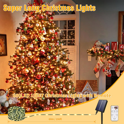 Solar Christmas Lights,600 LED Solar String Lights 196ft 8 Modes Outdoor Solar Christmas Lights for Xmas Trees,Festival,Garden,Balcony,Christmas Decoration,Warm White