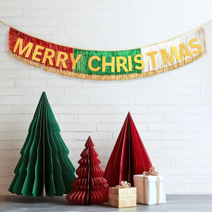 House of Party Merry Christmas Banner Christmas Banner with Foil Fringe Curtains Backdrop 6 Feet Christmas Party Banner for Xmas Party Supplier Xmas Indoor Hanging for Home & Party Decorations