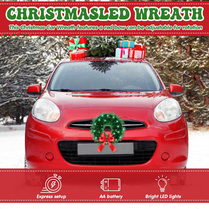 2 Pieces 13 Inch Car Christmas Wreath with 20 Small White Light Christmas Car Decoration with Red Bow Christmas Wreath for Car with Battery Case for Car, Suv Winter Christmas Decorations