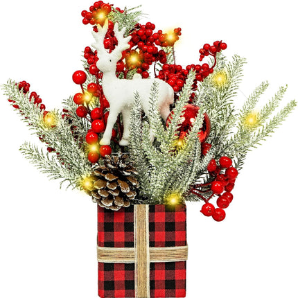 Small Christmas Tree with Lights, Tabletop Christmas Tree, Mini Christmas Tree with Red Berries Pine Cone for Home Decor Indoor Artificial Christmas Table Decorations