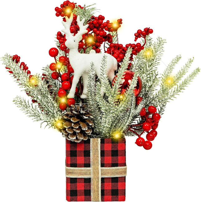 Small Christmas Tree with Lights, Tabletop Christmas Tree, Mini Christmas Tree with Red Berries Pine Cone for Home Decor Indoor Artificial Christmas Table Decorations