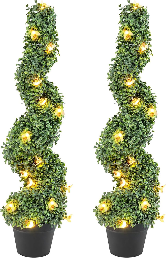 36 in Artificial Boxwood Spiral Topiary Trees 2Pcs Beautiful Realistic Spiral Artificial Trees with Pot Base, UV Protection for Longer Life, Halloween Decorations/Christmas Lights