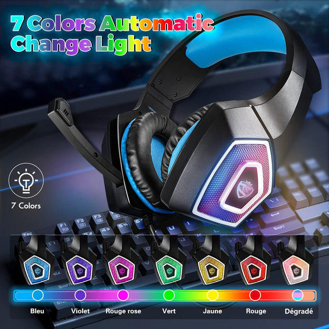 Gaming Headset with Mic for Xbox One PS4 PS5 PC Switch Tablet, with Stereo Surround Sound & LED Light Noise Cancelling Over Ear Headphones