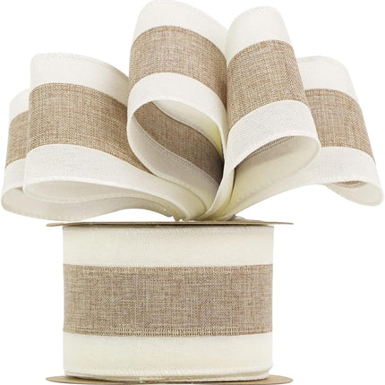 MEEDEE Burlap and White Stripe Ribbon 2.5 Inch Burlap Wired Ribbon with Ivory Burlap Edge Burlap Stripe Wired Ribbon for Wreath Garland Topper Bow Making Fall Christmas Wedding Decorations (10 Yards)