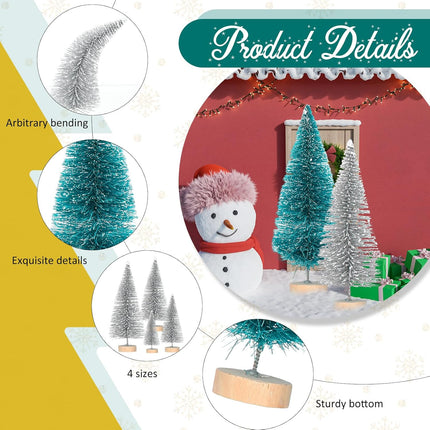 Geetery 100 Pcs Mini Christmas Trees Mini Sisal Snow Frost Trees with Wood Base Bottle Brush Trees 5 Sizes Plastic Winter Snow Ornaments Tabletop Trees for Christmas Decoration and Display