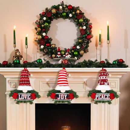 3 Pieces Christmas Wreath for Front Door Artificial Pine Spruce Hanging Gnome Wreath Christmas Peace Love Joy Wreath for Door Window Wall Decorations Farmhouse Christmas Home Decor