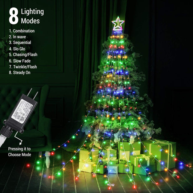 Toodour Christmas Decorations Outdoor Star Lights, 317 LED 10ft X 9 Waterfall Tree Lights with 12" Topper Star, 8 Lighting Modes Outside Christmas Lights for Yard Garden Holiday Decor (Multicolor)