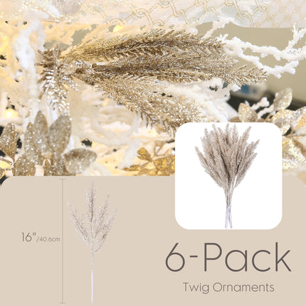 Sea Team 6-Pack Artificial Glitter Pine Twigs, Spruce Stem Ornaments, Decorative Sticks, Picks, Branches for Christmas Tree, Wreath, Vase Fillers for Centerpieces, Home Décor, Champagne