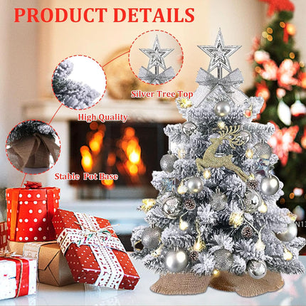 Mini Christmas Tree with Lights, 2ft Mini Christmas Tree with Decorations 24In Artificial Small Christmas Tree Pre-lit Snow Flocked Christmas Tree - for Table Desk Home Christmas Decoration