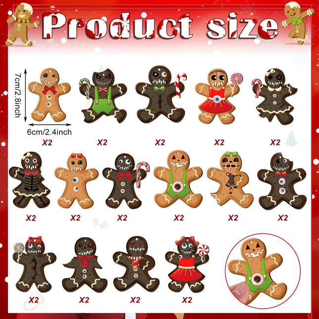 30 Pcs Ginger Dead Man Horror Wooden Ornament Goth Gingerbread Man Christmas Tree Hanging Ornaments Creepy Spooky Scary Prop Christmas Decorations for Christmas Parties and Events