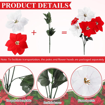 Riceshoot 18 Pcs Christmas Artificial Poinsettia Bushes 18 Inch Faux 5 Heads Poinsettia Bush Bouquets Velvet Artificial Christmas Flowers for Xmas Tree Home Indoor Outdoor Decorations (Red, White)