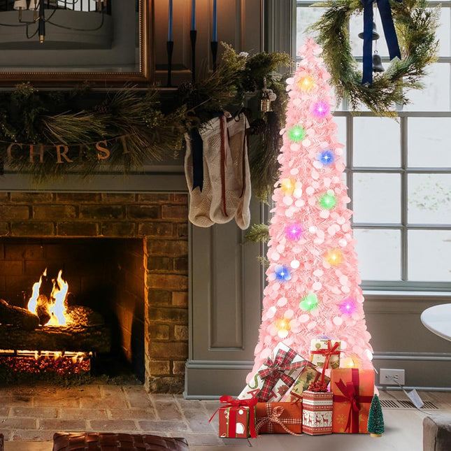 MACTING Pink Christmas Tinsel Tree with Lights, Easy-Assembly Glittery 5ft Pop up Christmas Tree for Holiday Party Winter Xmas Valentines Day Decorations