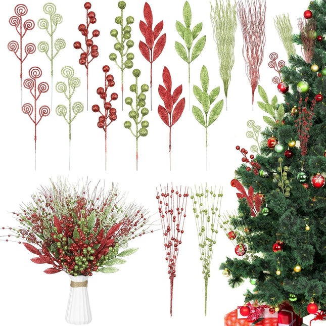 100 Pcs 17'' 12'' Red Green Christmas Berry Stems Ornaments Artificial Glitter Curly Christmas Picks Sprays Fake Christmas Sticks Decorations for Xmas Tree Wreath Crafts Vase Filler Home