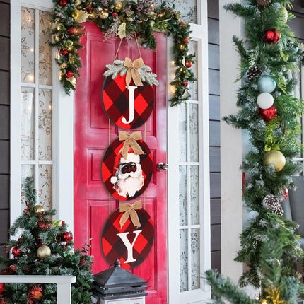 Christmas Black Santa Joy Wood Sign African American Christmas Decoration Red and Black Buffalo Check Plaid Xmas Hanging Ornaments for Xmas Year Winter Home Party Supplies
