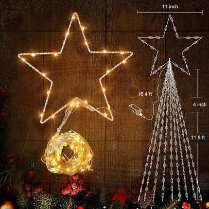 Christmas Decorations Star String Lights - 344 LED 11.8ft 9 Strands Waterfall Tree Lights with Topper Star, 8 Lighting Modes Christmas Lights Indoor Outdoor Decorative for Wedding Yard Party Home