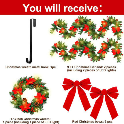 Yingzhao 2 Pcs Pre-lit 9ft Christmas Garlands with 17.7'' Artificial Xmas Wreath Poinsettia Christmas Garland Decorations with Large Red Bows Wreath Hanger for Holiday Fireplace Pathway Home Decor