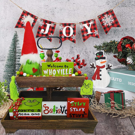 Christmas Tiered Tray Decor Christmas Decorations - Cute Green Gnome Plush Faux Book Stack Wooden Signs Bead Garland - Farmhouse Rustic Xmas Decor for Home Table Party Supplies