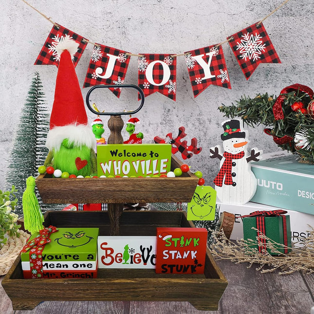 Christmas Tiered Tray Decor Christmas Decorations - Cute Green Gnome Plush Faux Book Stack Wooden Signs Bead Garland - Farmhouse Rustic Xmas Decor for Home Table Party Supplies