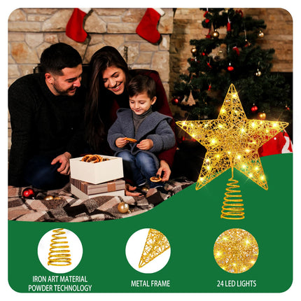 Glittering Gold 24 LED Lights Five-Pointed Star 30cm×25cm Christmas Tree Topper - Perfect for Christmas Tree Decorations