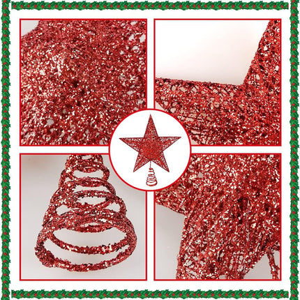 Christmas Tree Star Topper, Metal Xmas Tree Topper Star Christmas Decoration Glittered Tree-top Star for Festive Christmas Decor Holiday Ornament or Home Decor (Red, 8 inch)
