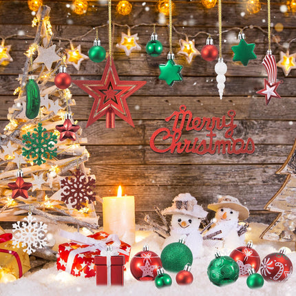 73 Pcs Christmas Tree Decorations Set Christmas Tree Pickle Ornaments Xmas Tree Topper Hanging Ball Snowflake Ornaments for Christmas Holiday Party(Stylish,Red, Green)