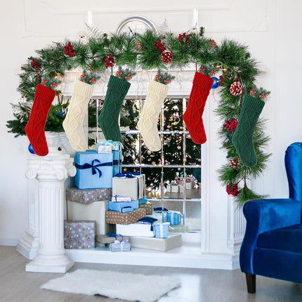 Shappy 6 Pc 18" Christmas Stockings with Artificial Pine Branches Garland 6.56 Ft Knit Christmas Stocking with Red Berries Pine Cones for Family Home Xmas Party Decorations