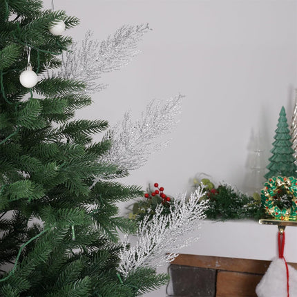 Christmas Glitter Stems 24pcs Artificial Pine Tree Picks for Christmas Tree Ornaments fillers, DIY Xmas Wreath, Crafts, Garland, Holiday, Party, Wedding and Home Decoration (Silver)