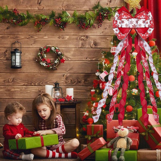 Christmas Tree Topper Wreath Bow, 48x13 Inches Large Christmas Bow with White Snowflakes, Decorative Ribbon Bows for Xmas Tree Wreath Door Festival Home Decor(Red & White)