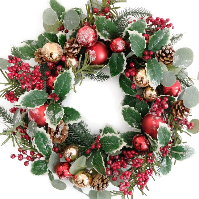 18 Inch Christmas Shatterproof Eucalyptus Pine Wreath for Front Door, Winter Green and Red Holly Berries Home Wreath, Xmas Home Decor Wreath with Christmas Balls