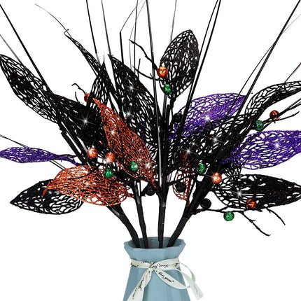 Halloween Flower Branches 16" Glitter Leaves Picks Artificial Berries Stems Fall Sprays Fake Twigs for Halloween Haunted House Gothic Tree Topper Vase Fillers Home Party Decor, Pack of 4 (Berries)