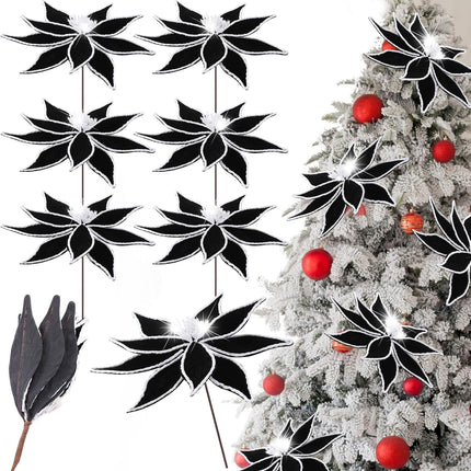 6 Pcs Large Christmas Flowers Black Poinsettia Flowers 13 Inch Artificial Christmas Tree Flowers with Stem Black Faux Flower Christmas Ornaments for Xmas Wreath Wedding Party Decoration