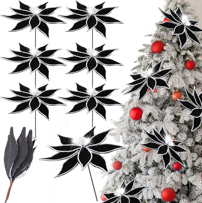 6 Pcs Large Christmas Flowers Black Poinsettia Flowers 13 Inch Artificial Christmas Tree Flowers with Stem Black Faux Flower Christmas Ornaments for Xmas Wreath Wedding Party Decoration