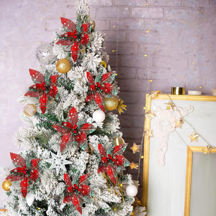 12 Pieces Christmas Plaid Poinsettias Artificial Xmas Poinsettias Flowers Ornaments Faux Flowers Picks Decor Wreath for Christmas Tree Party Holiday Decor (Stylish Style)