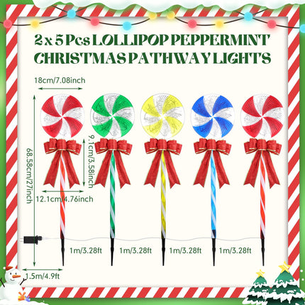 Retisee 10 Pack Lollipop Christmas Pathway Lights 27'' Christmas Lollipop Markers Lights Outdoor Christmas Peppermint Candy Pathway Lights Decorations with Bows for Xmas Holiday Yard Lawn Walkway
