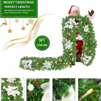Christmas Garland,Christmas Garland with Lights,Outdoor Christmas Garland,9ft pre-lit Christmas Garland for Interior Decoration,Fireplaces,Stairs,Door Christmas Garlands Decorations Battery Operated